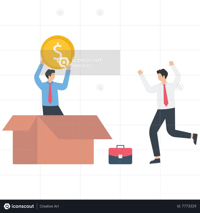 Businessman out of the box to give a Dollar coin for a other businessman  Illustration