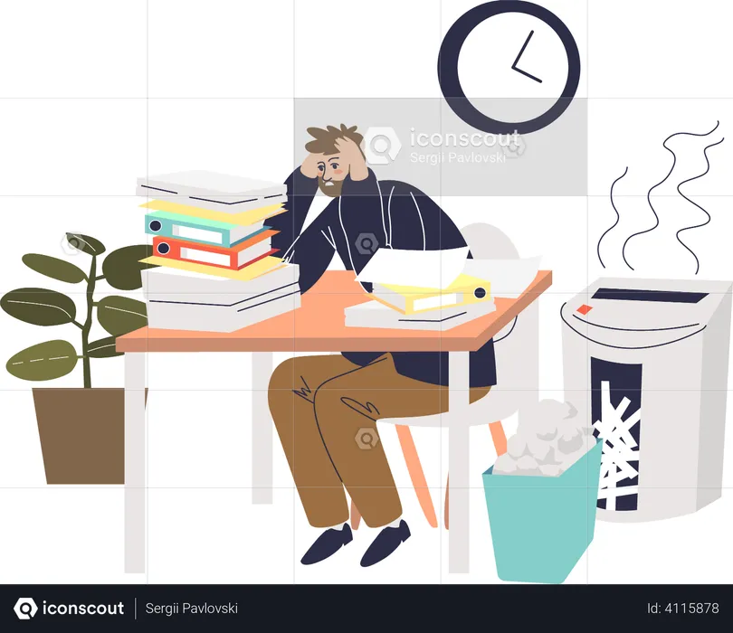 Businessman overworked with piles of documents  Illustration