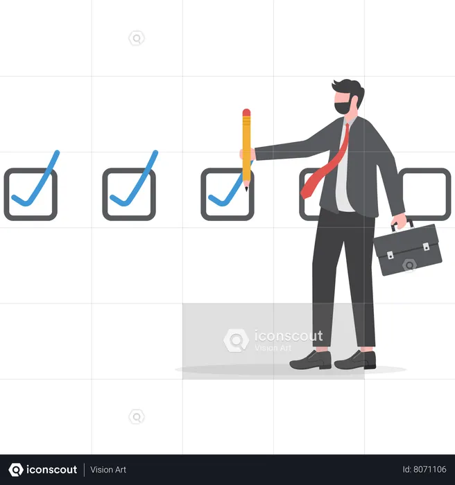 Businessman pencil-categorized sticky notes work on completed checkbox to reach goal  Illustration