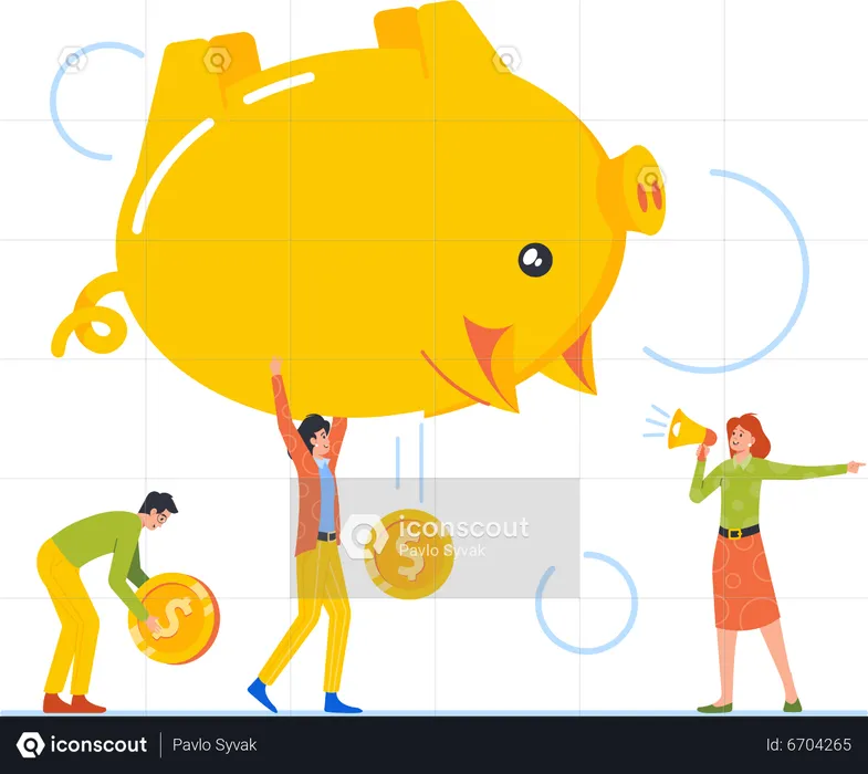 Businessman Pick Up Coins Falling From Piggy Bank  Illustration