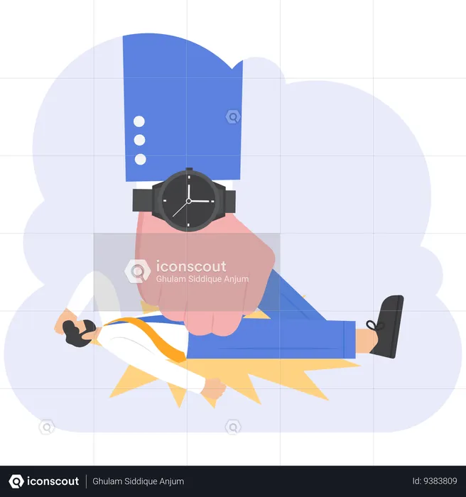 Businessman pinned on floor by huge hand boss with big clock  Illustration