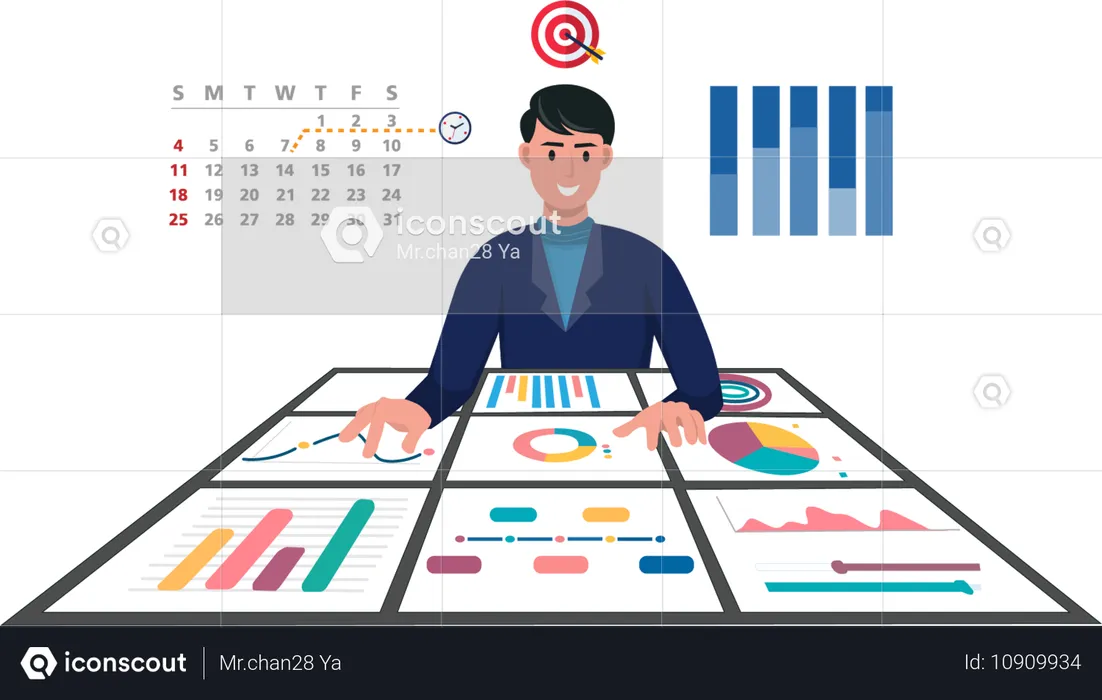 Businessman place hands on chart showing statistics  Illustration