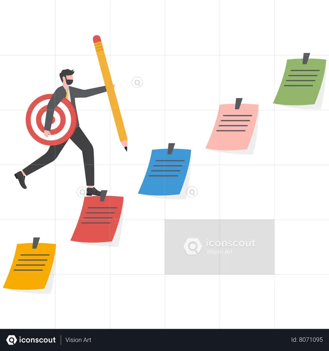 Businessman planning with pencil-categorized sticky notes work for project management  Illustration