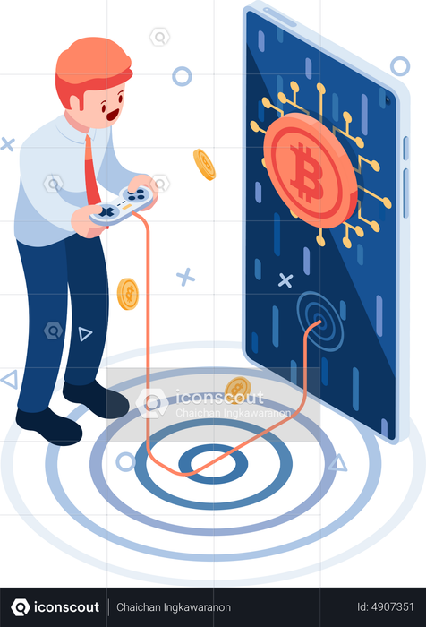 Businessman Playing Crypto Games on Smartphone Illustration