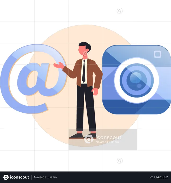 Businessman pointing camera with at sign  Illustration