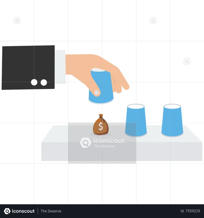 Businessman pointing to a cup opens it to reveal money dollar coin profit Gambling risk  Illustration