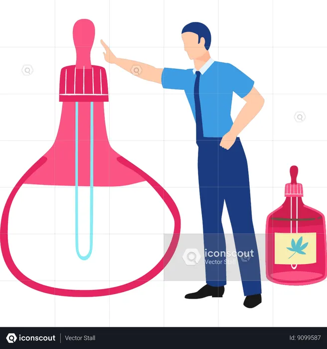 Businessman pointing to jar with flask  Illustration