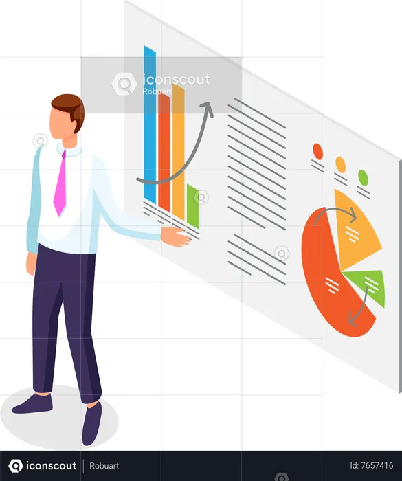 Businessman points on presentation data report slide  Illustration