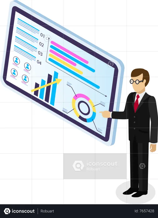 Businessman points to large tablet screen with analytical data  Illustration