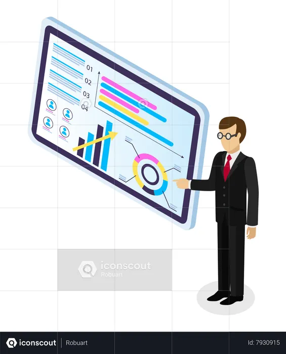 Businessman Points To Large Tablet Screen With Analytical Data  Illustration