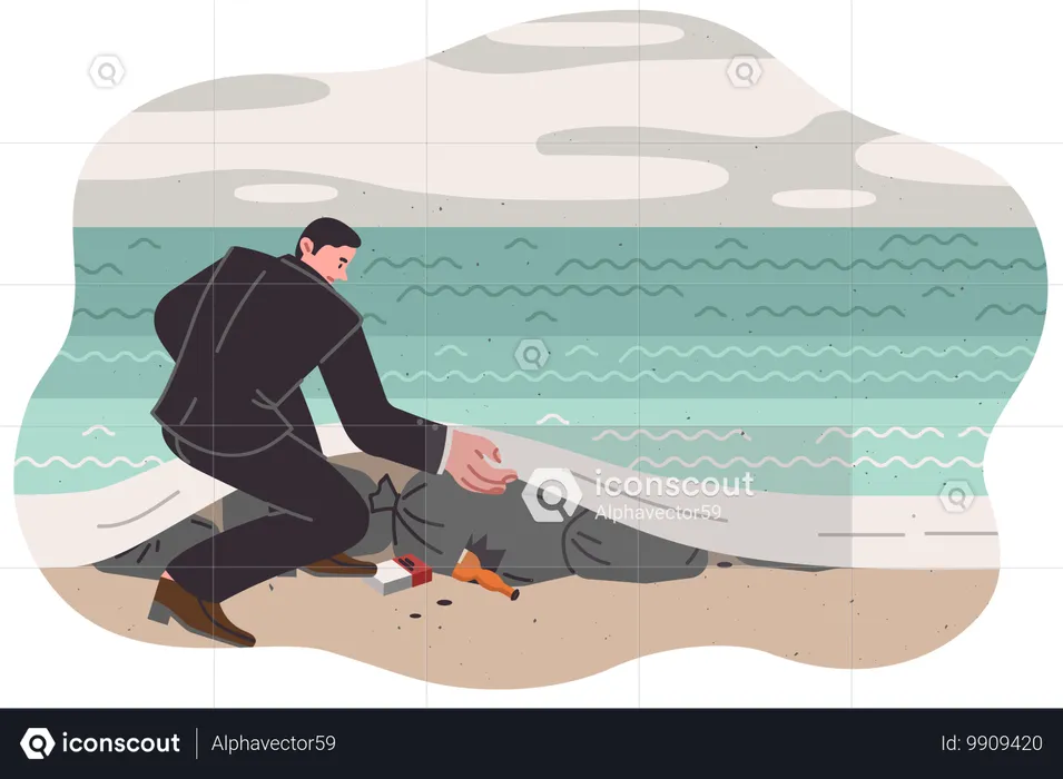 Businessman polluting ocean by hiding garbage underwater in order to save on recycling plastic  Illustration