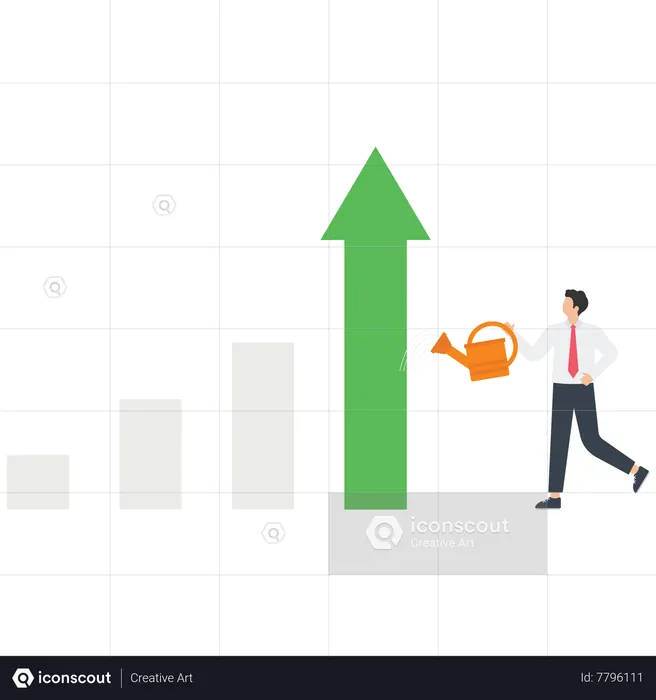 Businessman pouring water into a red arrow bar graph  Illustration
