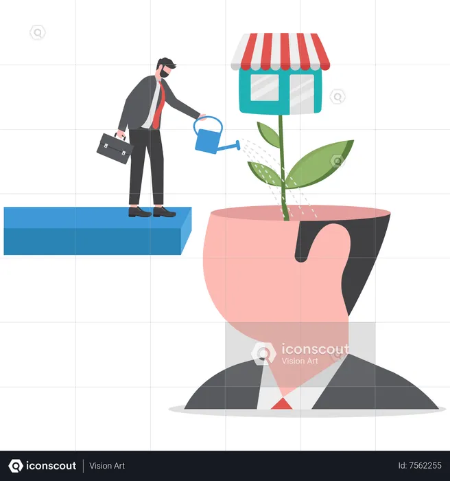 Businessman pouring water to grow plant with big store shop flower  Illustration