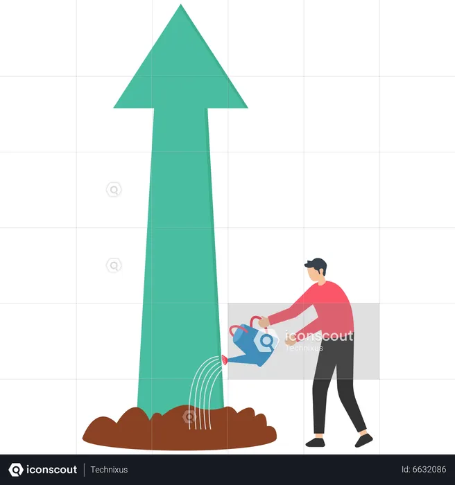 Businessman pouring water with care to grow company growth arrow  Illustration