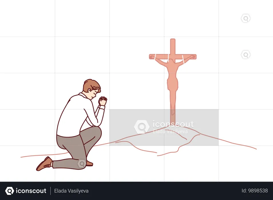 Businessman praying seeing christian cross on hill worshiping lord and asking jesus for protection  Illustration