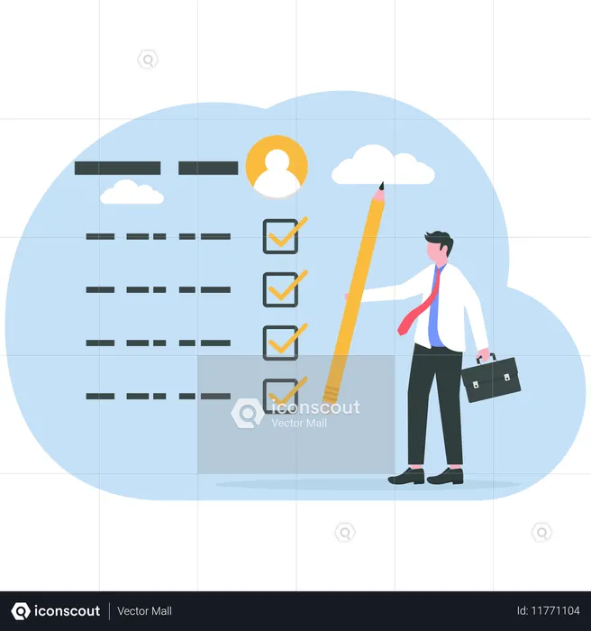 Businessman prepares survey list  Illustration