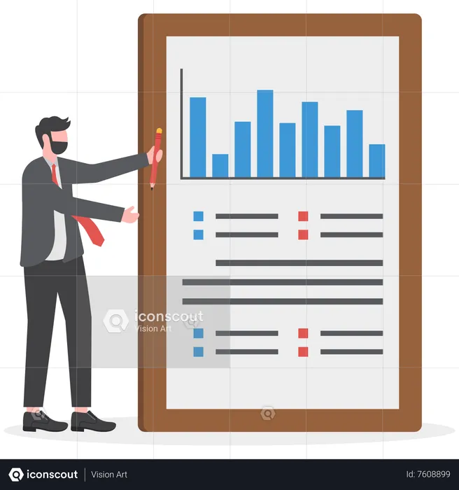 Businessman presenting and explaining tablet screen statistics chart  Illustration