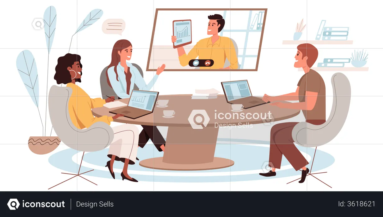 Businessman Presenting Business Certificate Through Video Conference  Illustration