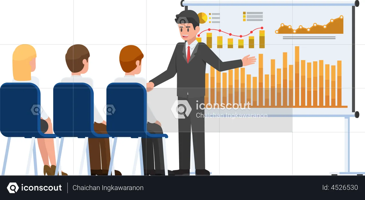 Businessman presenting marketing data on presentation board  Illustration