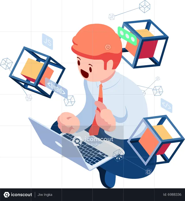Businessman Programming Script with Blockchain Technology  Illustration