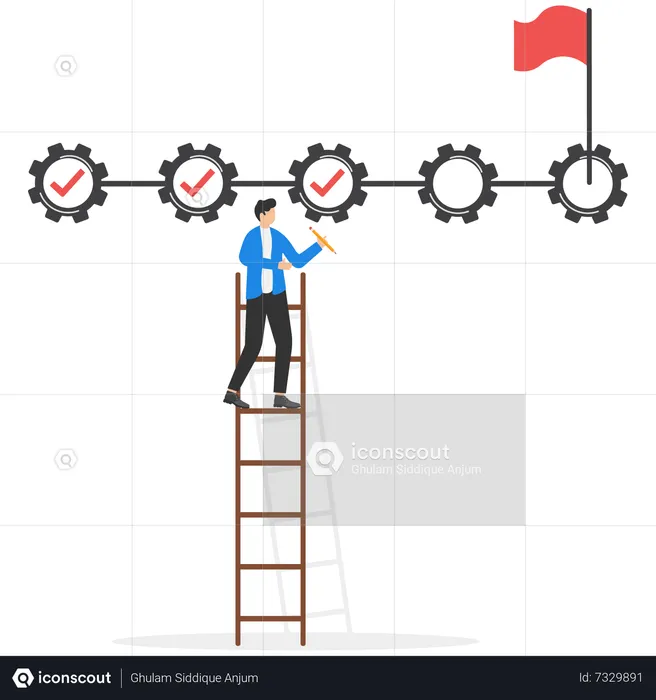 Businessman project manager holding pencil to check completed tasks in project management timeline  Illustration