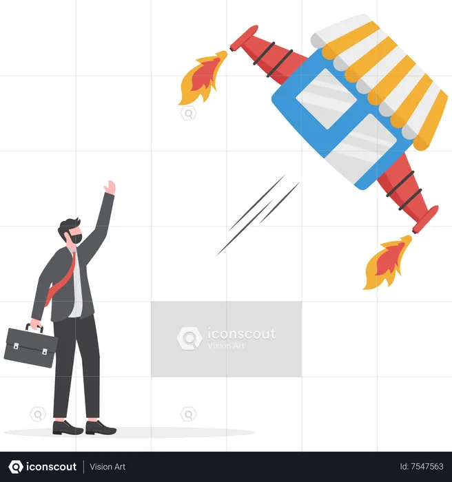 Businessman promote his shop with rocket booster flying  Illustration