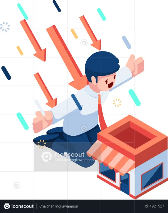 Businessman Protect Shopping Store from Falling Arrows  Illustration