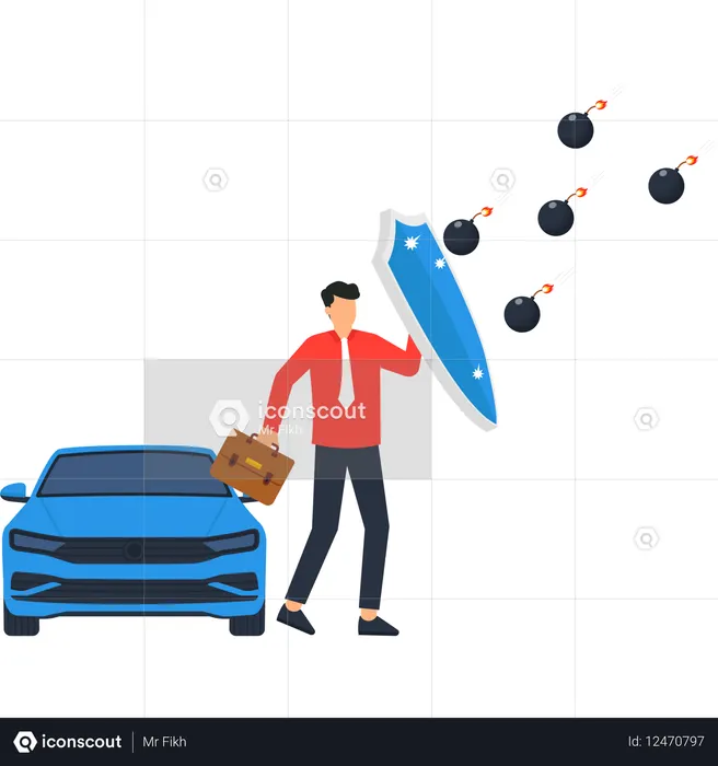 Businessman protecting car from bombs with shield  Illustration