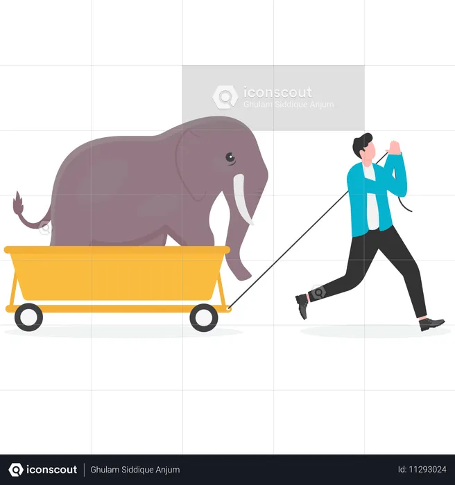 Businessman pull elephant that standing on cart  Illustration