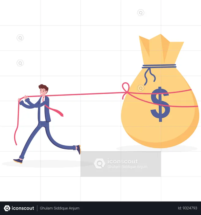 Businessman pulling big money bag  Illustration