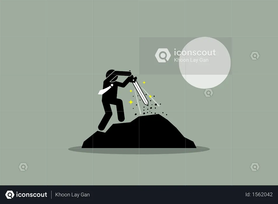 Businessman pulling Excalibur sword out from a rock  Illustration