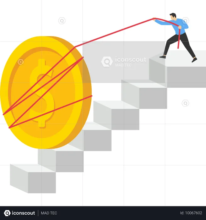 Businessman pulling heavy big dollar coin up stair case  Illustration