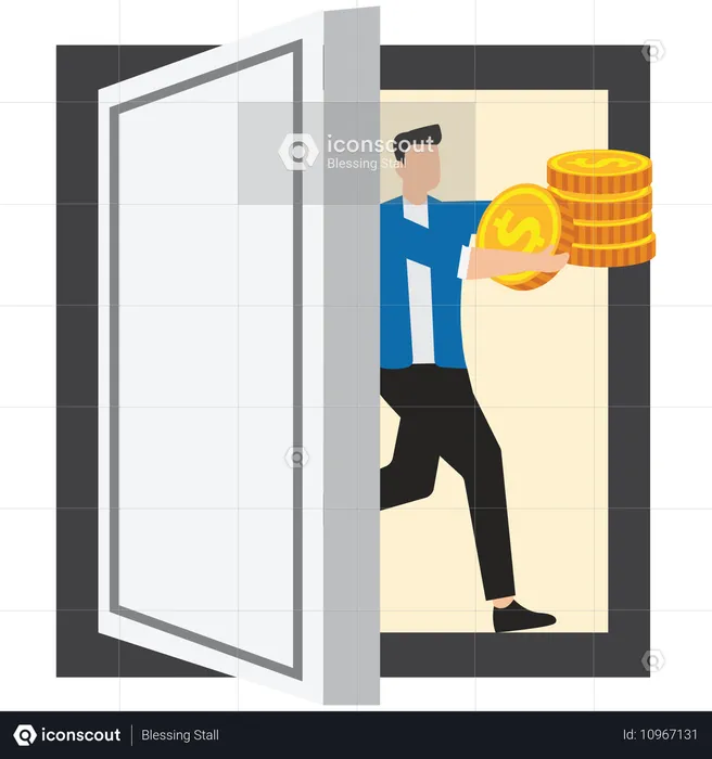 Businessman Pulls Huge Gold Coins Out of Dark Doors  Illustration