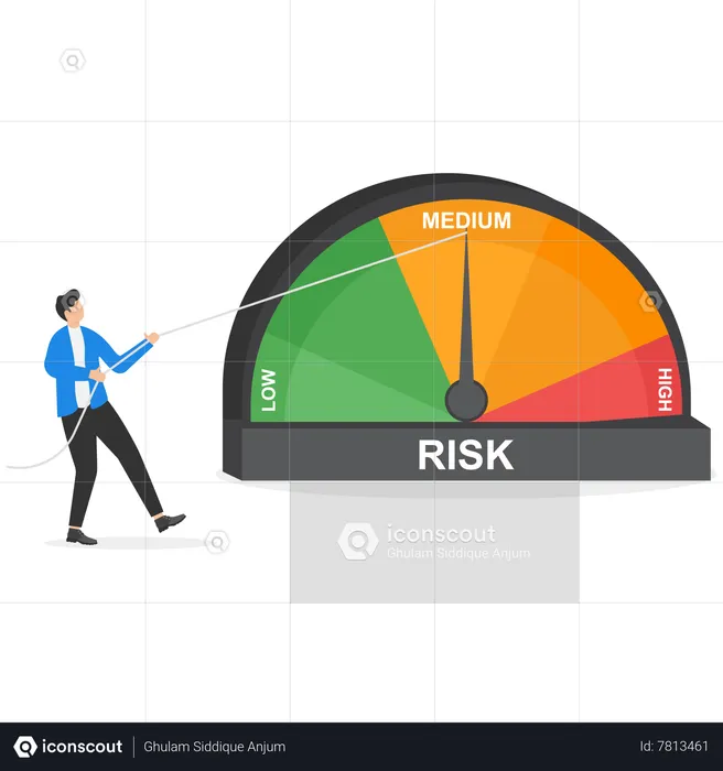 Businessman pulls the risk speedometer needle with a string so the risk is low  Illustration