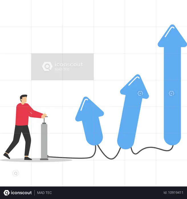 사업가가 지표가 더 높이 떠오를 때 성장 풍선을 부풀린다  일러스트레이션