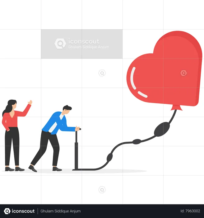 Businessman pumps up a balloon of a love heart shape  Illustration