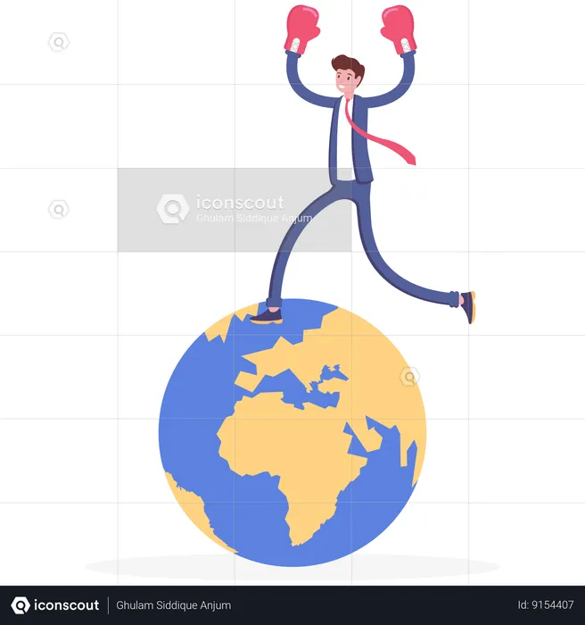 Businessman punching with boxing gloves standing on top of the world  Illustration