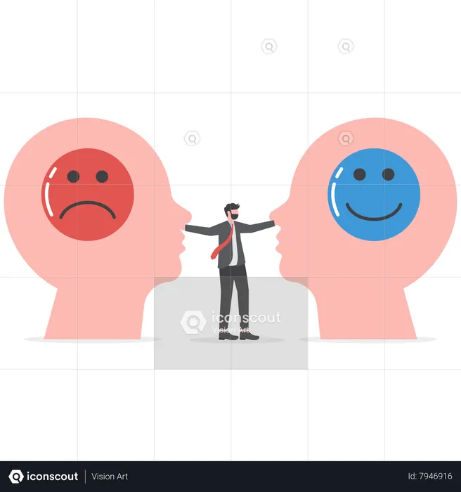 Businessman push between negative and positive on big head human mindset for career growth business  Illustration