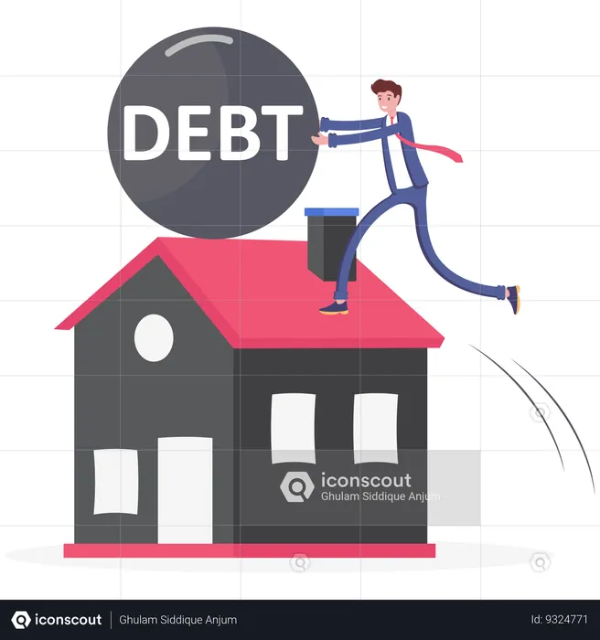 Businessman push big debt ball out off house  Illustration