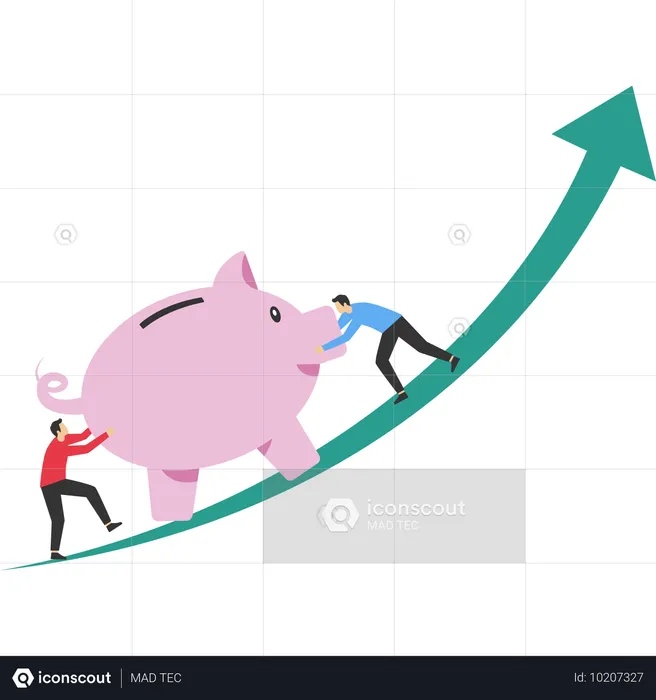 Businessman push big piggy bank up rising graph  Illustration