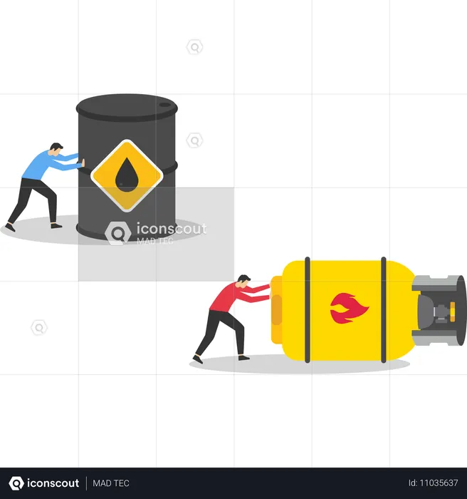 Businessman pushes barrels oil and gas cylinder  Illustration