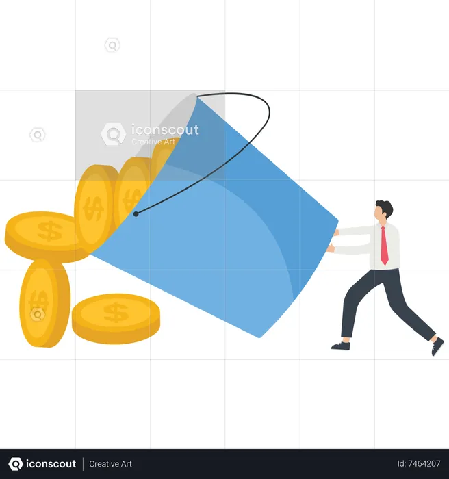 Businessman pushes down vat filled with gold coins  Illustration