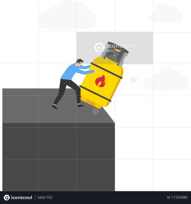 Businessman pushes gas cylinder off cliff into abyss  Illustration