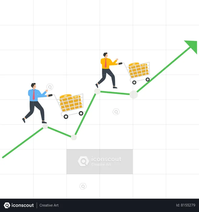 Businessman pushing a trolley full of gold coins running on a rising chart  Illustration