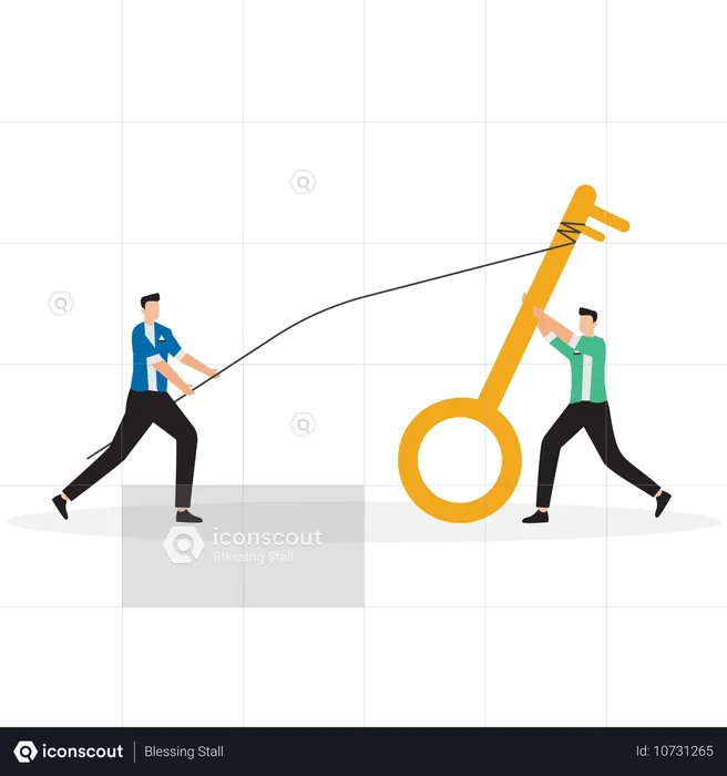 Businessman pushing big golden key with full effort to solve problem  Illustration