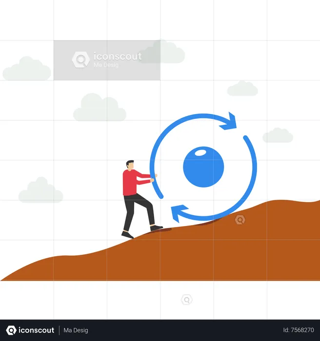 Businessman pushing consistency circle symbol up hill with full effort  Illustration