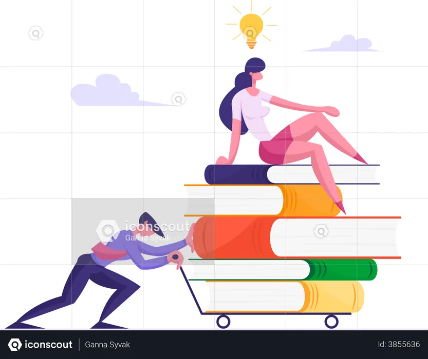 Businessman Pushing Heavy Trolley with Heap of Books  Illustration
