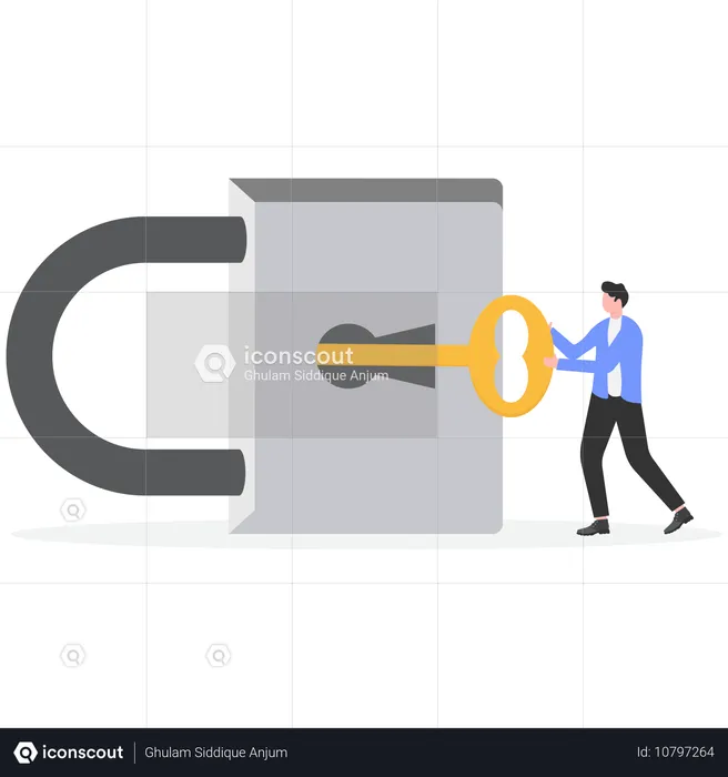 Businessman pushing key to unlock  Illustration