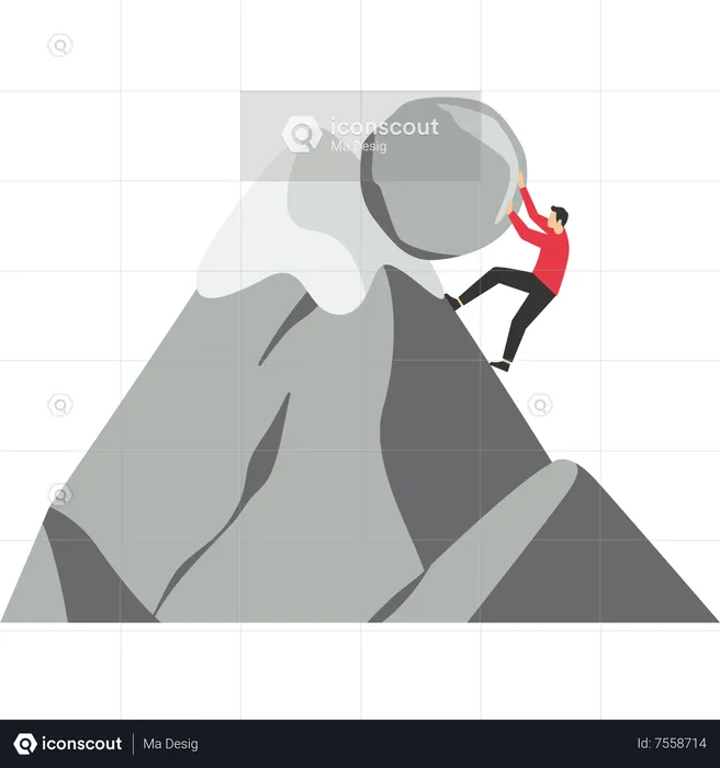 Businessman pushing rock uphill all the way to the top of the mountain  Illustration
