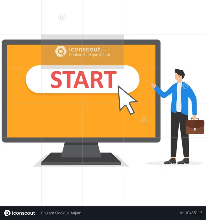 Businessman pushing start button with cursor  Illustration